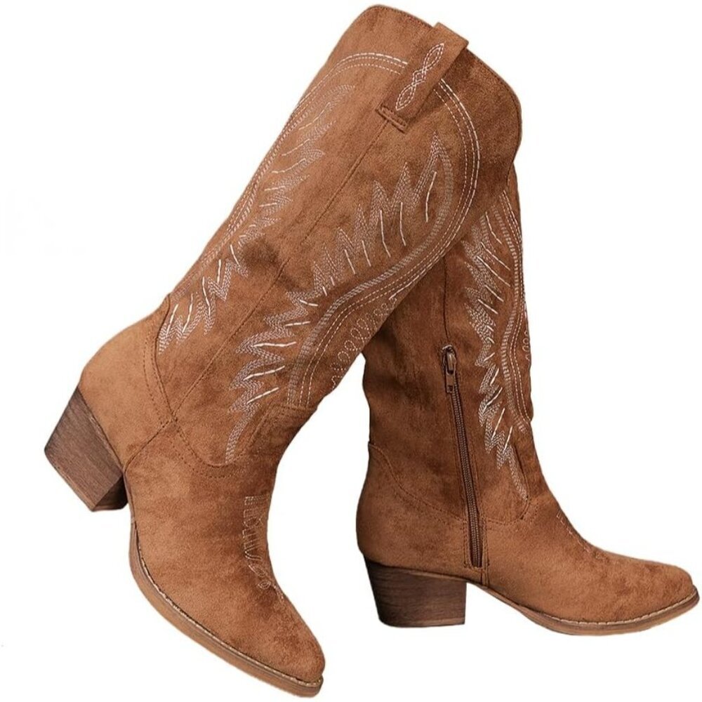 Womens Brown Western Cowboy Boots Embroidered Ankle Booties Block Heel Zips